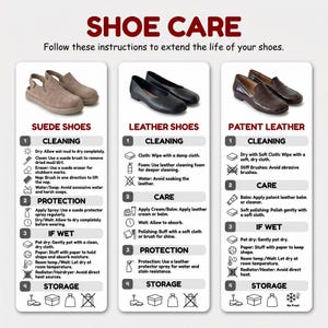 instructions for shoe care, including cleaning, protection, and storage.