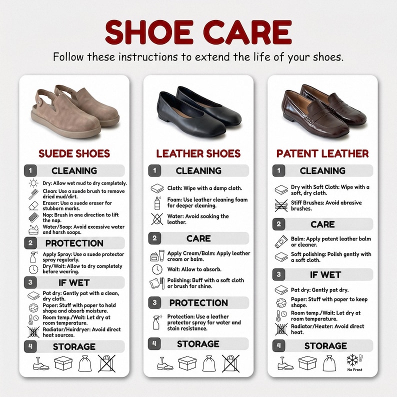 instructions for shoe care, including cleaning, protection, and storage.