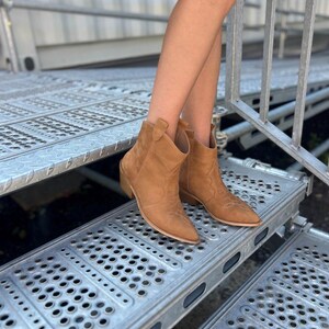 Camel Nubuck Cowboy Boots with Pointed Toe, Comfortable Casual Ankle Boots,Rustic Footwear,Low Heel Walking Boots,Festival Comfortable Shoes image 6