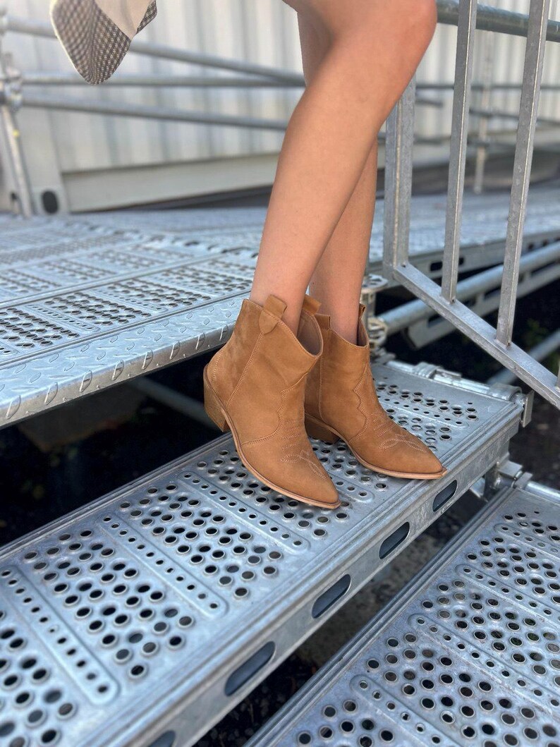 Camel Nubuck Cowboy Boots with Pointed Toe, Comfortable Casual Ankle Boots,Rustic Footwear,Low Heel Walking Boots,Festival Comfortable Shoes image 6