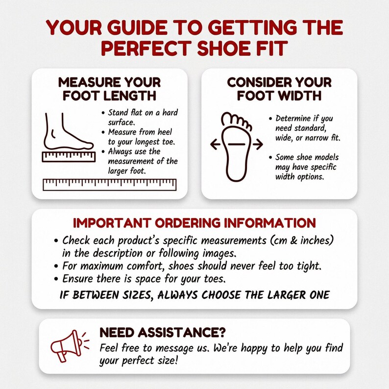 The image provides a guide to getting the perfect shoe fit, including instructions on measuring foot length, determining foot width, and ordering information.