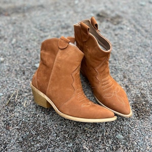 Camel Nubuck Cowboy Boots with Pointed Toe, Comfortable Casual Ankle Boots,Rustic Footwear,Low Heel Walking Boots,Festival Comfortable Shoes image 15