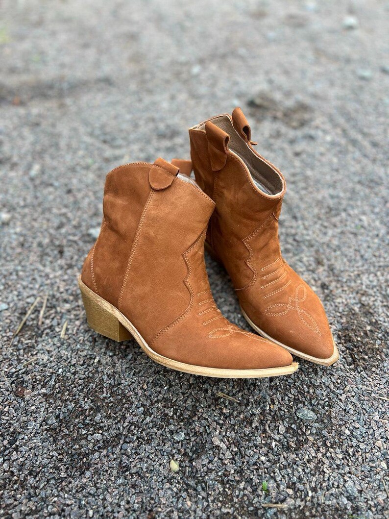 Camel Nubuck Cowboy Boots with Pointed Toe, Comfortable Casual Ankle Boots,Rustic Footwear,Low Heel Walking Boots,Festival Comfortable Shoes image 15