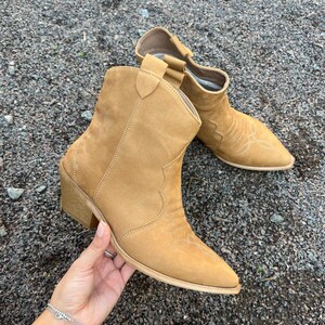 Camel Nubuck Cowboy Boots with Pointed Toe, Comfortable Casual Ankle Boots,Rustic Footwear,Low Heel Walking Boots,Festival Comfortable Shoes Sand