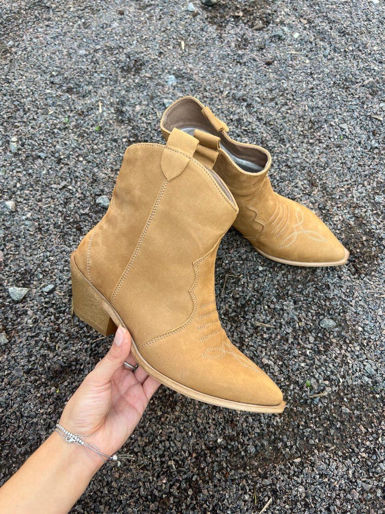 Camel Nubuck Cowboy Boots with Pointed Toe, Comfortable Casual Ankle Boots,Rustic Footwear,Low Heel Walking Boots,Festival Comfortable Shoes Sand
