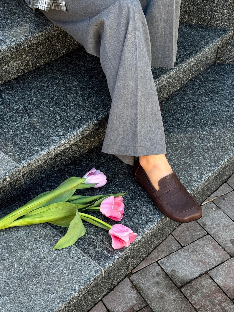 Chocolate Patent Leather Loafers with Square Toe, Anatomical Summer Moccasins, Minimalist Comfortable Slip-Ons, Work Daily Practical Shoes image 16