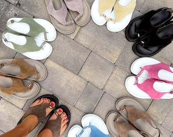 Sandalias de tacón abierto de gamuza natural en varios colores, sandalias con anillo para el dedo del pie, sandalias de tacón abierto, zapatos de puntera ancha, zapatos de tacón destalonados ligeros para verano.