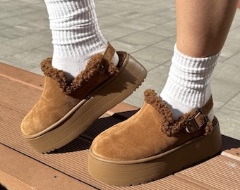 READY TO SHIP, Women leather clogs, Sheepskin lined suede clogs, Cozy platform clogs 3.5 cm, Lightweight sole shoes, Everyday Warm footwear