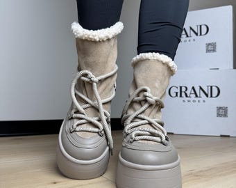 READY TO SHIP, Handmade suede beige snow boots with leather inserts, Cozy and very warm winter footwear, Comfortable insulated daily boots