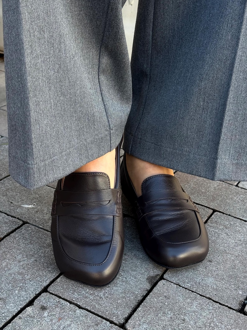 Chocolate Patent Leather Loafers with Square Toe, Anatomical Summer Moccasins, Minimalist Comfortable Slip-Ons, Work Daily Practical Shoes image 14