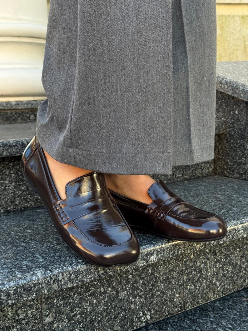 Chocolate Patent Leather Loafers with Square Toe, Anatomical Summer Moccasins, Minimalist Comfortable Slip-Ons, Work Daily Practical Shoes Patent Leather Choc