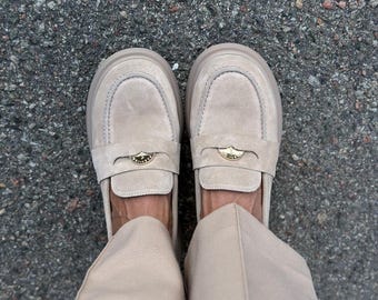 Suede Beige Loafers Women, Round Toe Slip On Shoes, No Laces, Minimalist Flats, Comfortable Everyday Summer Shoes, Handmade Casual Moccasins