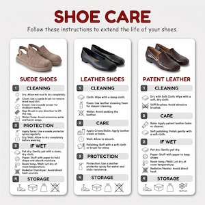 instructions for shoe care, including cleaning, protection, and storage.