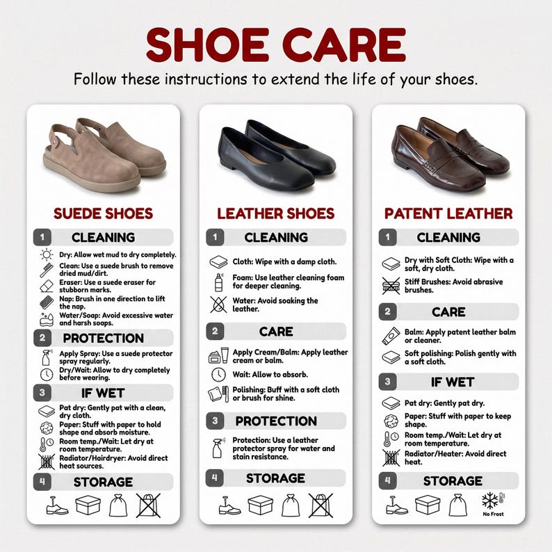instructions for shoe care, including cleaning, protection, and storage.