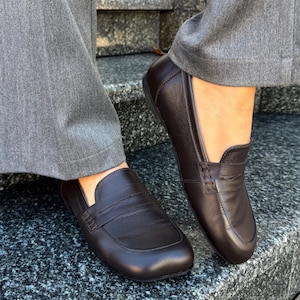 Chocolate Patent Leather Loafers with Square Toe, Anatomical Summer Moccasins, Minimalist Comfortable Slip-Ons, Work Daily Practical Shoes Leather Chocolate