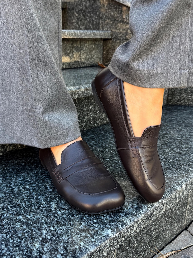 Chocolate Patent Leather Loafers with Square Toe, Anatomical Summer Moccasins, Minimalist Comfortable Slip-Ons, Work Daily Practical Shoes Leather Chocolate