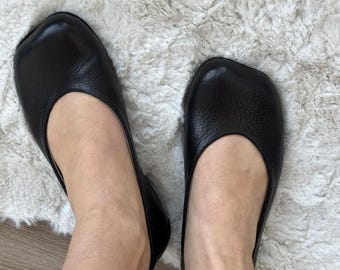 Wide Toe Box Shoes Ballet Flats, Textured Leather Black Flats, Bafefoot Shoes Women, Everyday Elegant Footwear, Women Slip-ons Shoes
