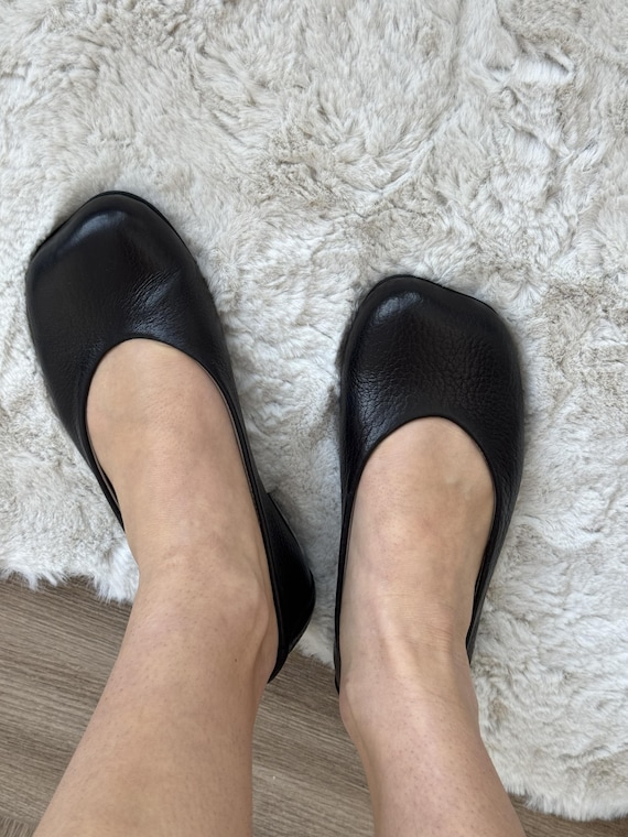 Wide Toe Box Shoes Ballet Flats, Textured Leather Black Flats, Bafefoot Shoes Women, Everyday Elegant Footwear, Women Slip-ons Shoes