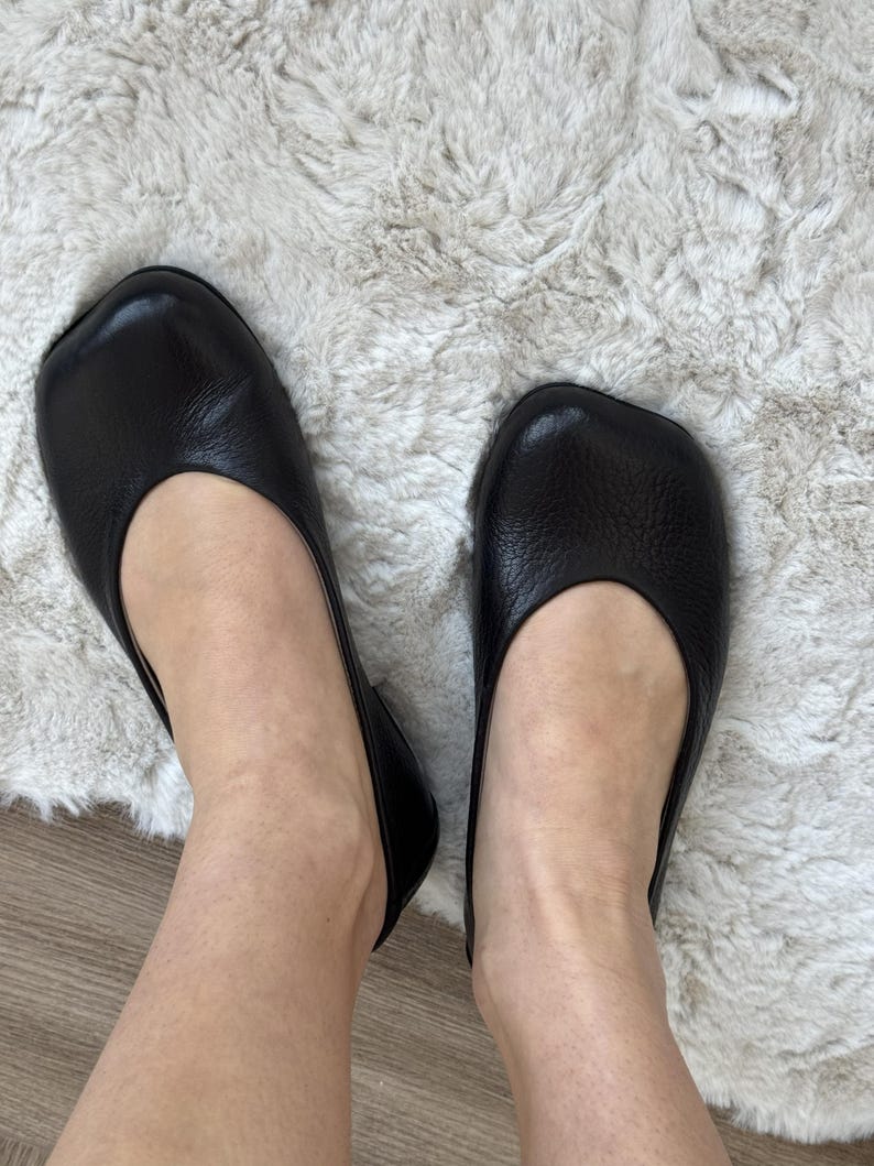 Wide Toe Box Shoes Ballet Flats, Textured Leather Black Flats, Bafefoot Shoes Women, Everyday Elegant Footwear, Women Slip-ons Shoes Textured Leath Black