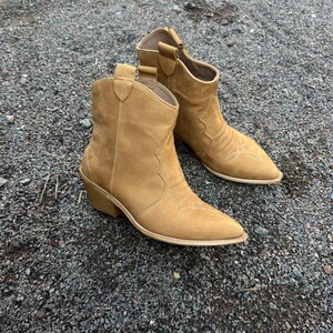 Camel Nubuck Cowboy Boots with Pointed Toe, Comfortable Casual Ankle Boots,Rustic Footwear,Low Heel Walking Boots,Festival Comfortable Shoes image 5