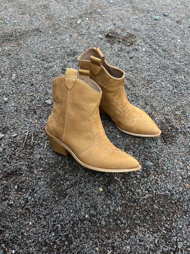 Camel Nubuck Cowboy Boots with Pointed Toe, Comfortable Casual Ankle Boots,Rustic Footwear,Low Heel Walking Boots,Festival Comfortable Shoes image 5