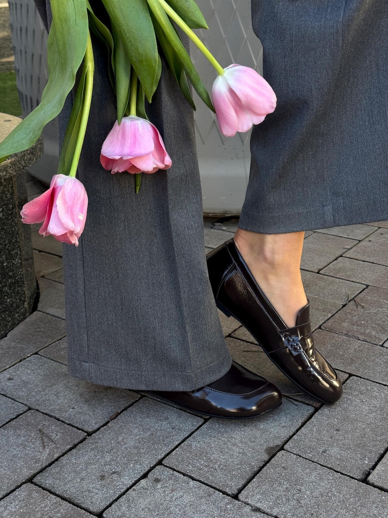 Chocolate Patent Leather Loafers with Square Toe, Anatomical Summer Moccasins, Minimalist Comfortable Slip-Ons, Work Daily Practical Shoes image 15