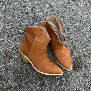Camel Nubuck Cowboy Boots with Pointed Toe, Comfortable Casual Ankle Boots,Rustic Footwear,Low Heel Walking Boots,Festival Comfortable Shoes Camel