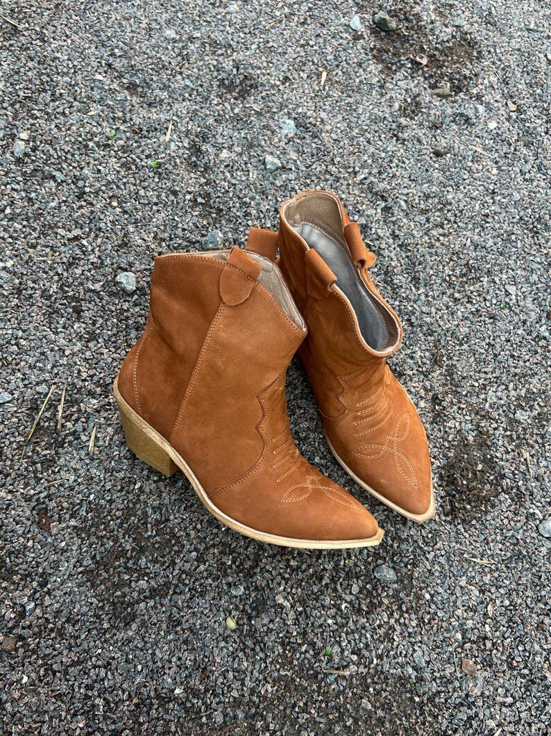 Camel Nubuck Cowboy Boots with Pointed Toe, Comfortable Casual Ankle Boots,Rustic Footwear,Low Heel Walking Boots,Festival Comfortable Shoes Camel