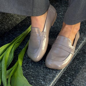 Chocolate Patent Leather Loafers with Square Toe, Anatomical Summer Moccasins, Minimalist Comfortable Slip-Ons, Work Daily Practical Shoes Patent Leather Beige