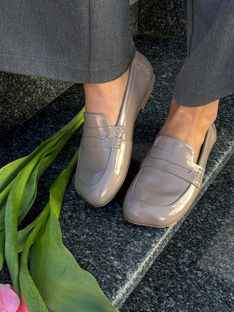Chocolate Patent Leather Loafers with Square Toe, Anatomical Summer Moccasins, Minimalist Comfortable Slip-Ons, Work Daily Practical Shoes Patent Leather Beige