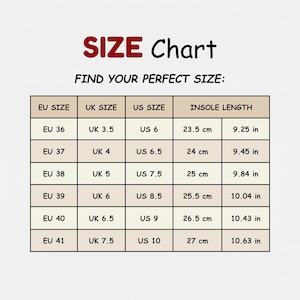 The image is a size chart that provides information on the size of various pairs of shoes, including insoles and UK sizes. The chart is organized into different European countries and their corresponding shoe sizes, allowing users to find their perfect size based on the provided information.