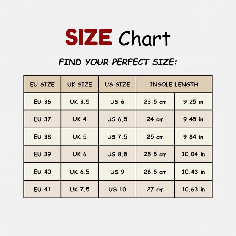 The image is a size chart that provides information on the size of various pairs of shoes, including insoles and UK sizes. The chart is organized into different European countries and their corresponding shoe sizes, allowing users to find their perfect size based on the provided information.
