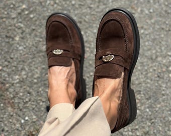 Round Toe Slip On Penny Loafers Women, Genuine Suede Beige No Laces Flats, Comfortable Everyday Summer Shoes, Handmade Casual Moccasins