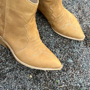 Camel Nubuck Cowboy Boots with Pointed Toe, Comfortable Casual Ankle Boots,Rustic Footwear,Low Heel Walking Boots,Festival Comfortable Shoes image 9