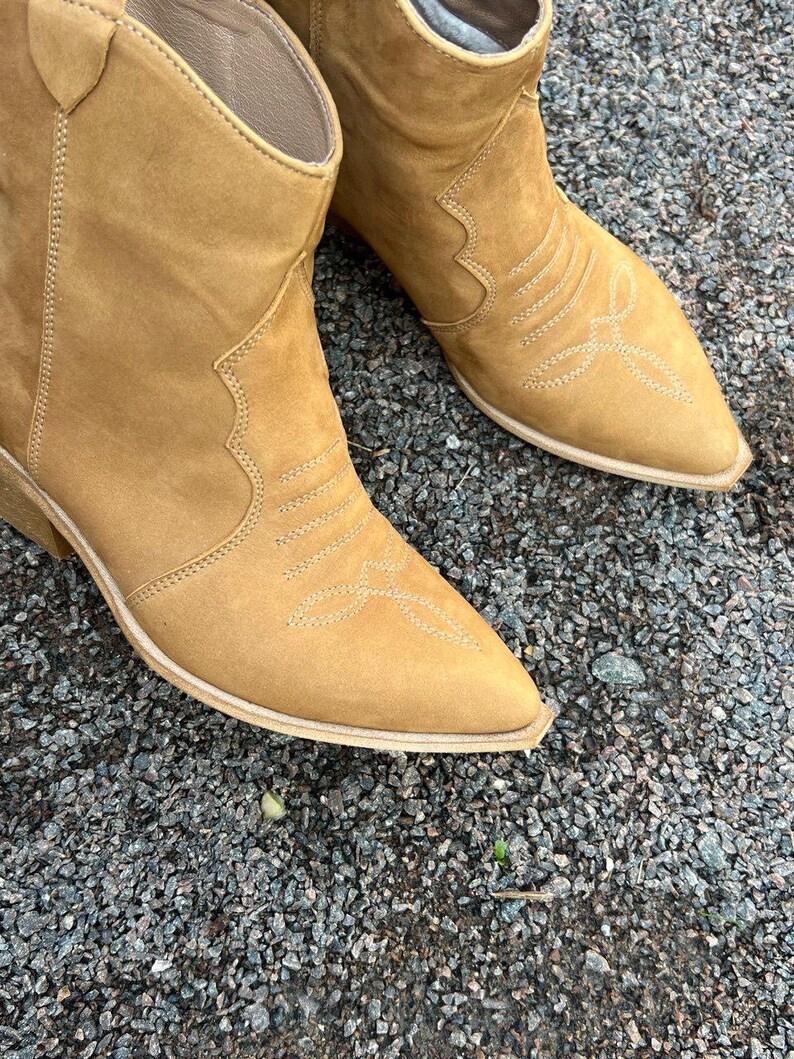 Camel Nubuck Cowboy Boots with Pointed Toe, Comfortable Casual Ankle Boots,Rustic Footwear,Low Heel Walking Boots,Festival Comfortable Shoes image 9