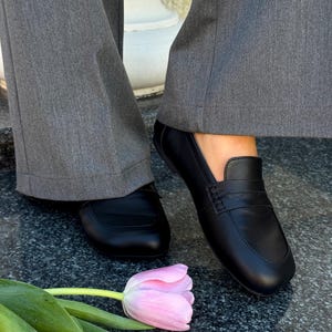 Chocolate Patent Leather Loafers with Square Toe, Anatomical Summer Moccasins, Minimalist Comfortable Slip-Ons, Work Daily Practical Shoes Leather Black