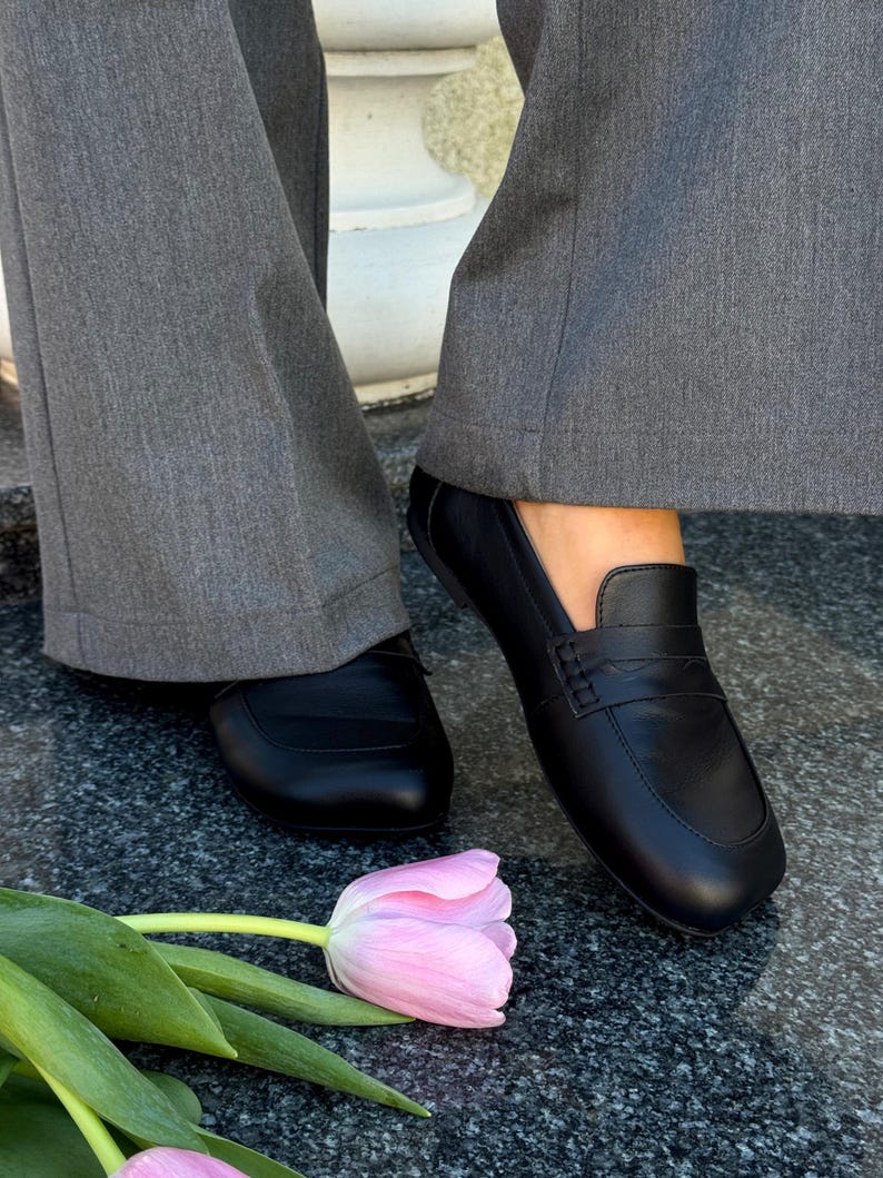 Chocolate Patent Leather Loafers with Square Toe, Anatomical Summer Moccasins, Minimalist Comfortable Slip-Ons, Work Daily Practical Shoes Leather Black