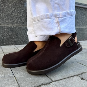 Open Heel Shoes, Wide Toe Box Shoes, Chocolate Suede Summer Loafers, Closed Toe Mules, Orthopedic Clogs with Adjustable Strap, Casual Shoes
