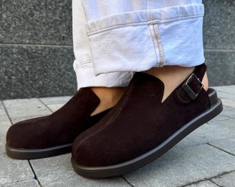 Buty z odkrytym obcasem, buty z szerokim noskiem, letnie mokasyny zamszowe w kolorze czekoladowym, pantofle z zakrytymi palcami, chodaki ortopedyczne z regulowanym paskiem, buty codzienne