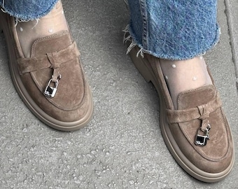 Genuine Suede Loafers, Beige Ballet Flats, Slip On Leather Shoes, Comfortable Casual Flats, Flexible Sole Footwear