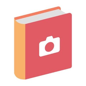 Peut inclure: Un livre fermé avec une couverture rouge arborant une icône d'appareil photo blanche centrée sur le devant. Le livre présente un dos orange clair et une tranche supérieure gris clair, dans une vue isométrique au style graphique épuré.