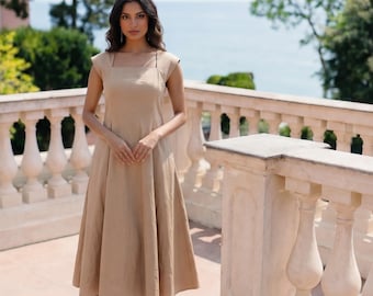 Tan Satin Midi Dress with cap sleeves, Cotton-Satin Blend, A-Line Skirt, Custom Made , Women clothing, Anniversary gift