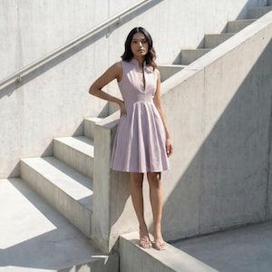 lavender fit and flare dress Lavender Cotton Linen Open-Back Fit and Flare Knee Length Dress 40" / Regular (5'2"