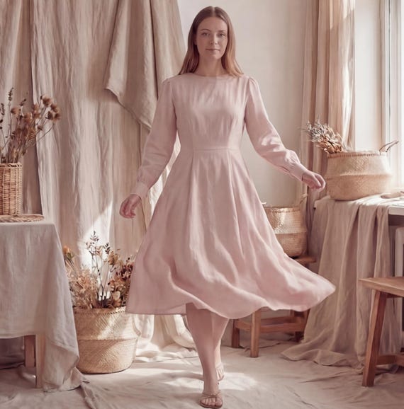Dusty Pink Satin Midi Dress, Round Neck, Long Sleeves, A-Line, Custom Made