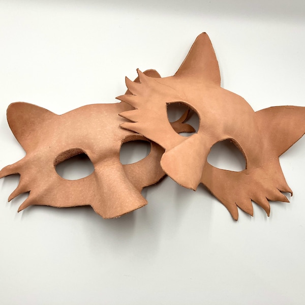 2 Unfinished Leather Masks Fox or Wolf - Cut, formed, waiting for paint