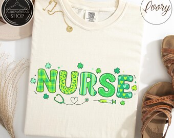 Comfort Colors Nurse St Patrick's Day T-Shirt, Shamrock Stethoscope