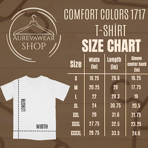 May include: White t-shirt with a size chart, including width, length, and sleeve measurements in inches. The chart lists sizes from S to XXXXL. The AurevaWear Shop logo is at the top left.