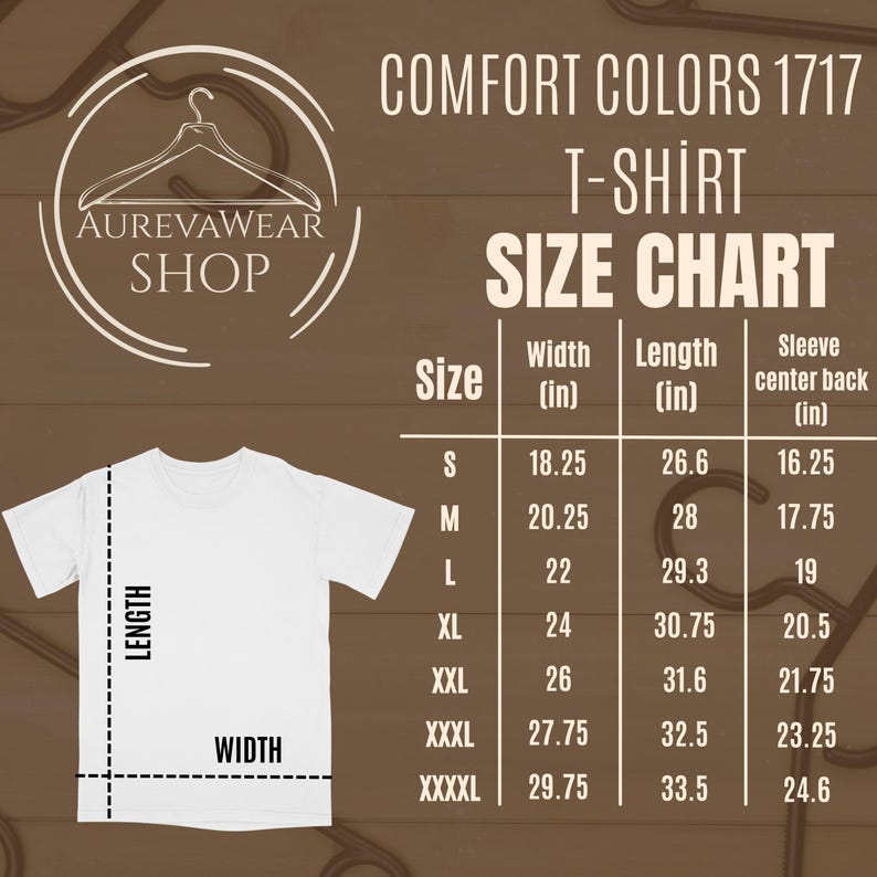 May include: White t-shirt with a size chart, including width, length, and sleeve measurements in inches. The chart lists sizes from S to XXXXL. The AurevaWear Shop logo is at the top left.