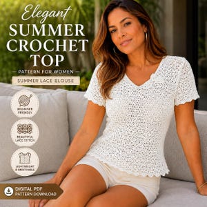May include: A white crochet top with a V-neck and short sleeves. The top is labelled "Elegant Summer Crochet Top" and "Summer Lace Blouse." The design is described as beginner-friendly, with a beautiful lace stitch, and lightweight and breathable.