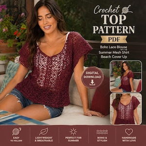 Könnte beinhalten: Ein bordeauxrotes Häkeltop mit V-Ausschnitt und kurzen Ärmeln. Das Top ist Teil eines Häkelmusters für eine Boho-Spitzenbluse, ein Sommer-Mesh-Shirt und einen Strand-Cover-up. Der Text "Crochet TOP PATTERN PDF" ist enthalten.